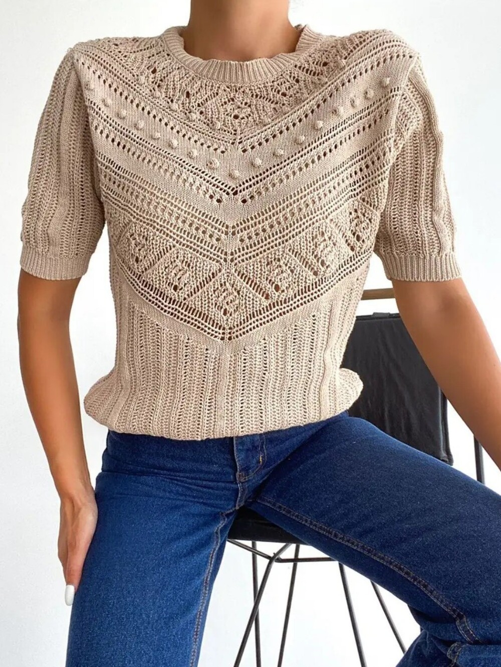 Zara Pointelle Cream Open Knit Short Sleeve Top